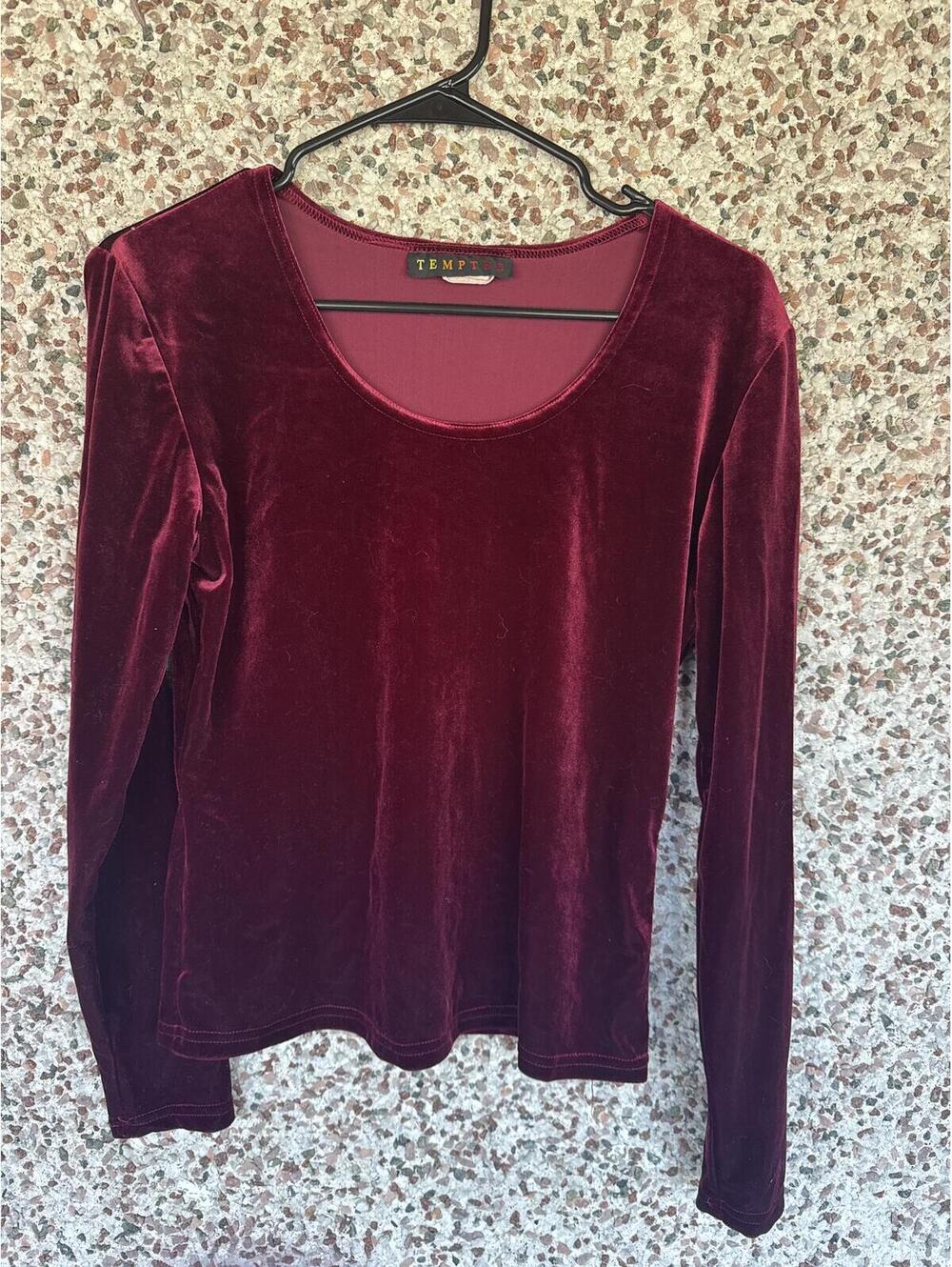 Tempted 90s Vintage Burgundy Velvet Long Sleeve Top Scoop Neck Large